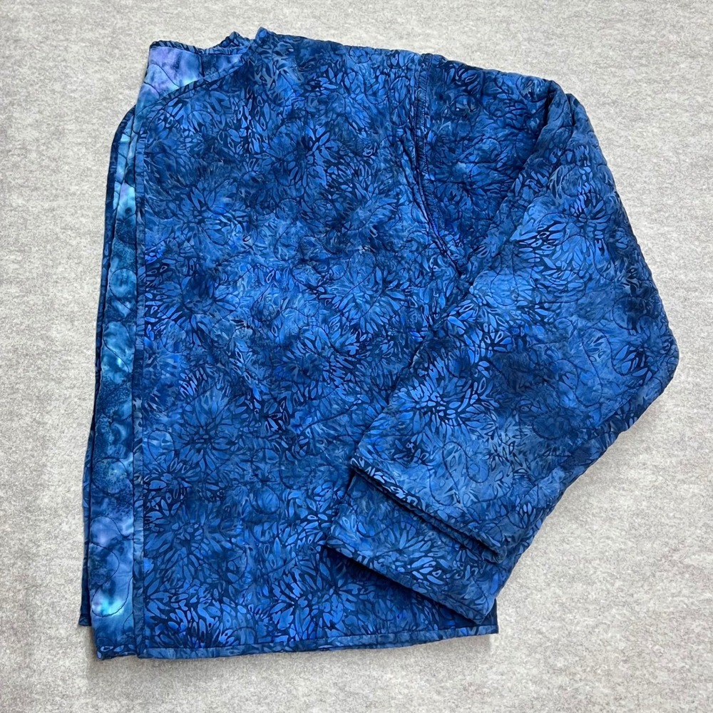 Coastal Grandma Handmade Blue‎ Batik Floral Quilted Jacket Open Front Boxy EUC